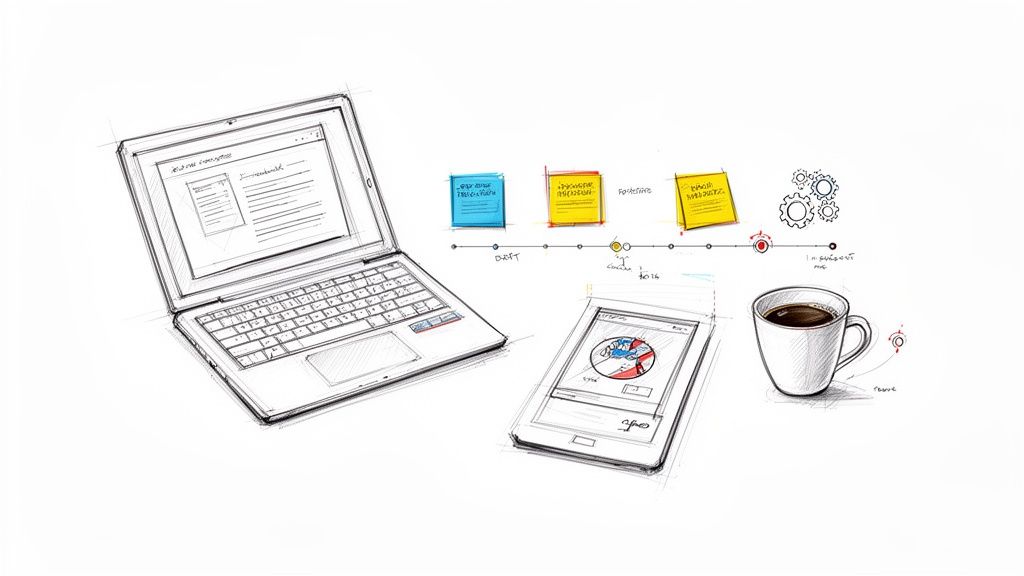 Creative sketch of a laptop, tablet, coffee cup, and a project timeline with ideas and gears.
