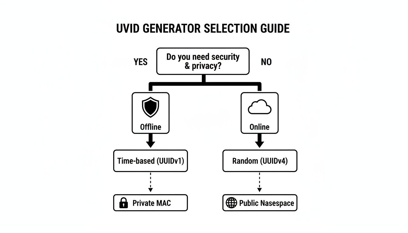 A flowchart titled 'UVID Generator Selection Guide' detailing choices for UUID generation.
