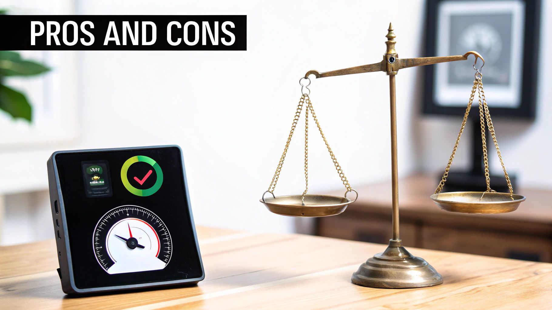 Digital display showing a gauge and green checkmark next to an antique brass balance scale on a wooden table.