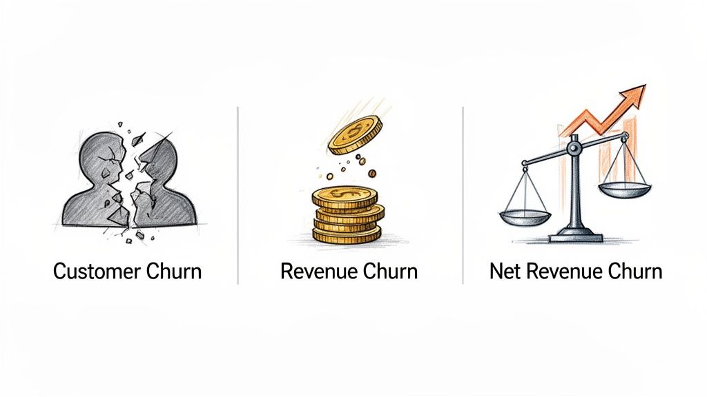 Illustrations defining customer churn, revenue churn, and net revenue churn with relevant icons.