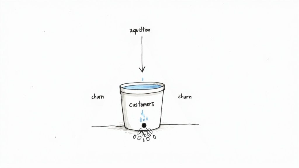 A visual metaphor showing customer acquisition filling a bucket of customers, while churn leaks them away.