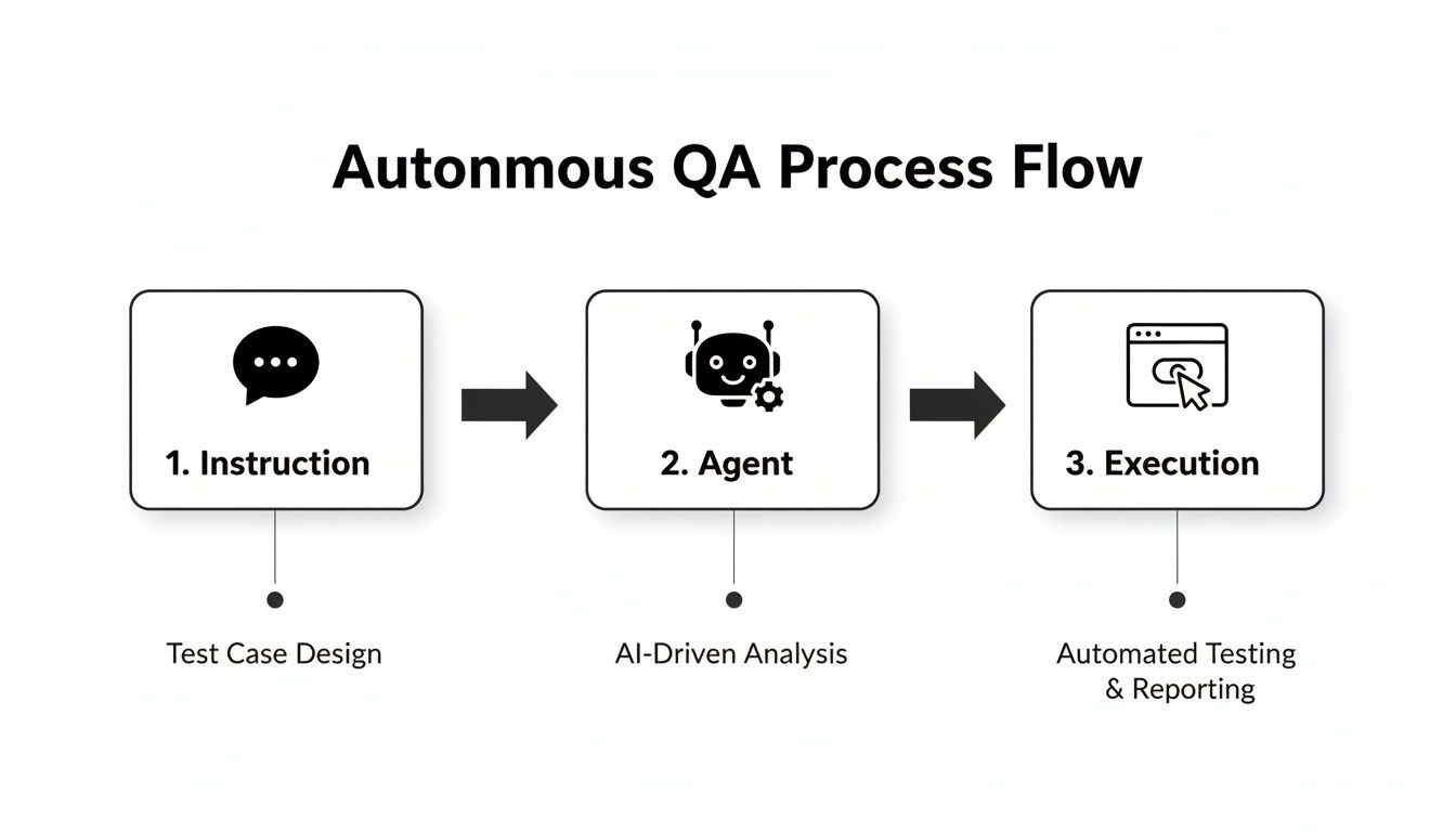 Autonomous QA Process Flow diagram detailing Instruction, Agent, and Execution steps with key activities.