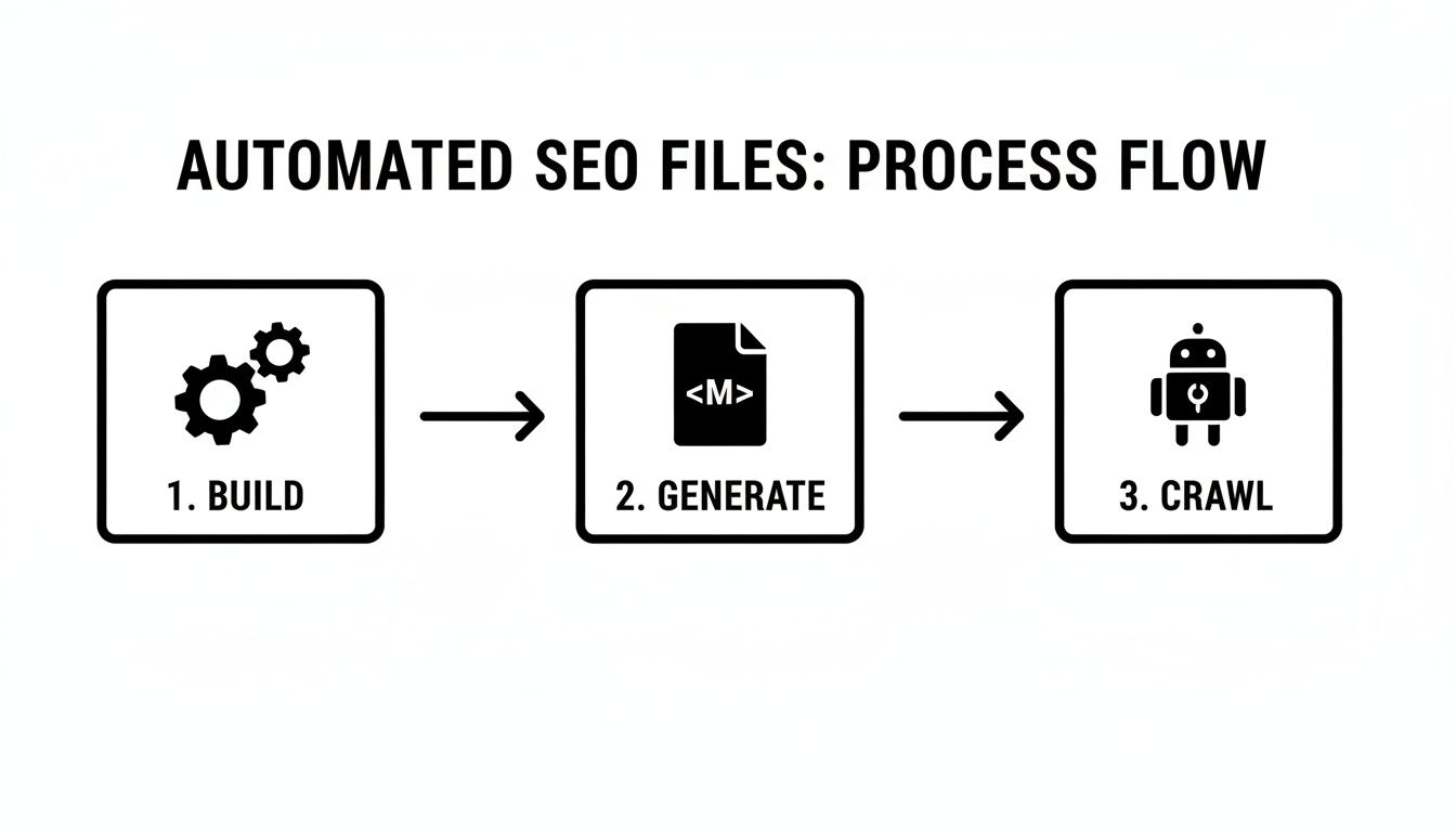 Flowchart showing three steps for automated SEO files: 1. Build (gears), 2. Generate (file), 3. Crawl (robot).