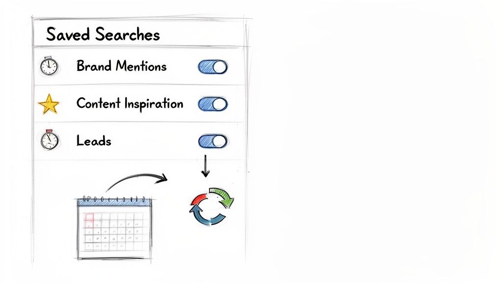 Screenshot of a 'Saved Searches' interface with Brand Mentions, Content Inspiration, and Leads toggled on, indicating scheduled updates.