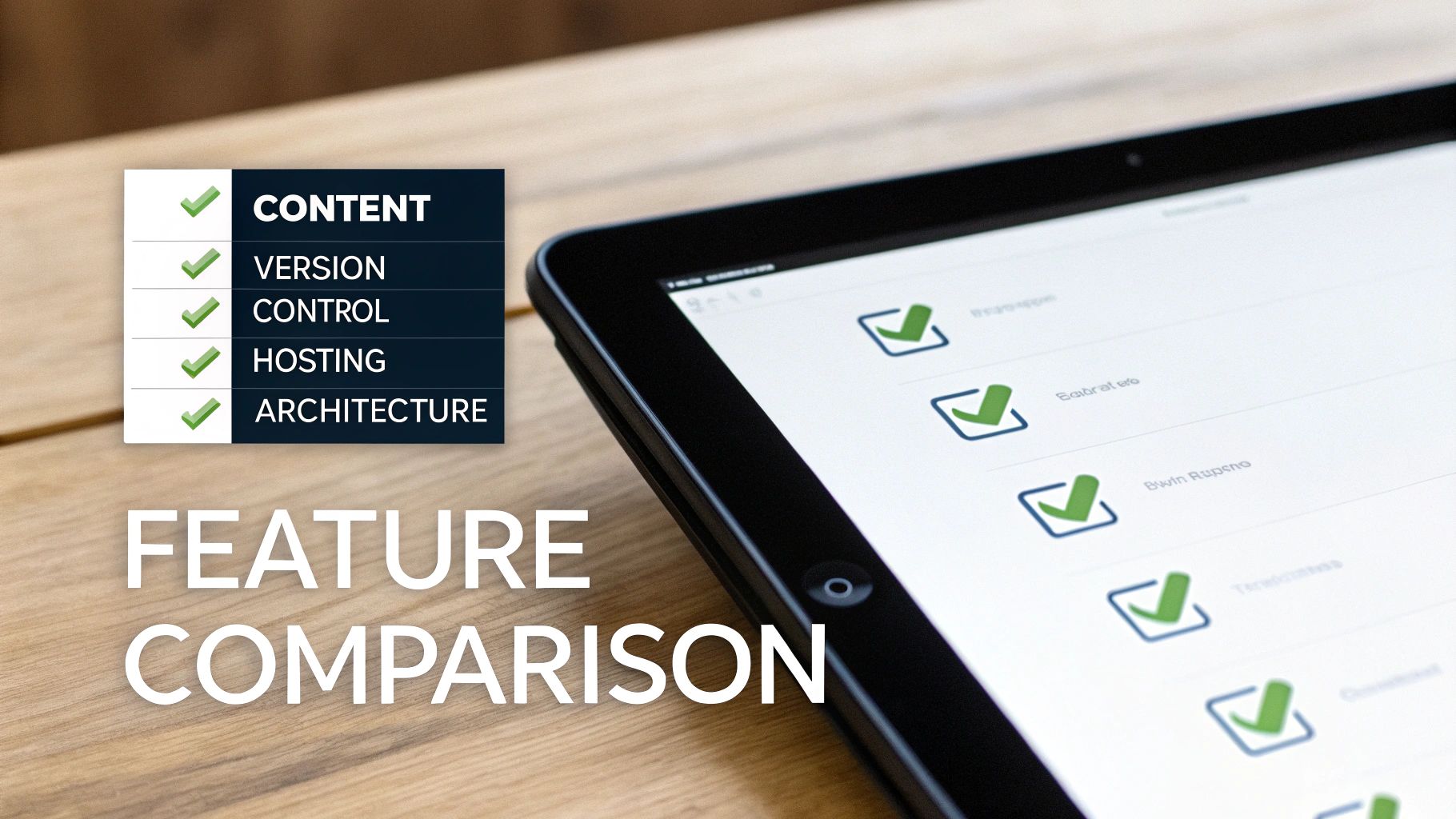 A tablet displaying a feature comparison checklist, showing content, version control, hosting, and architecture.