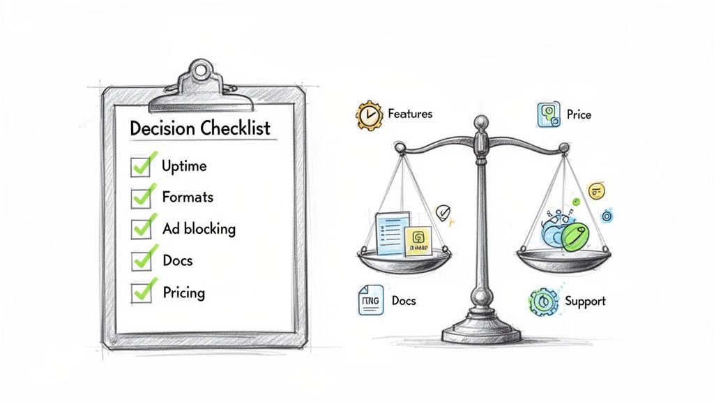 Decision checklist and weighing scale illustrating the evaluation of service features, documentation, pricing, and support.