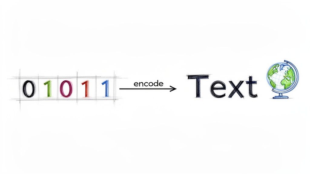 A diagram illustrates binary digits (010111) encoding into 'Text' and a globe, representing data transformation.