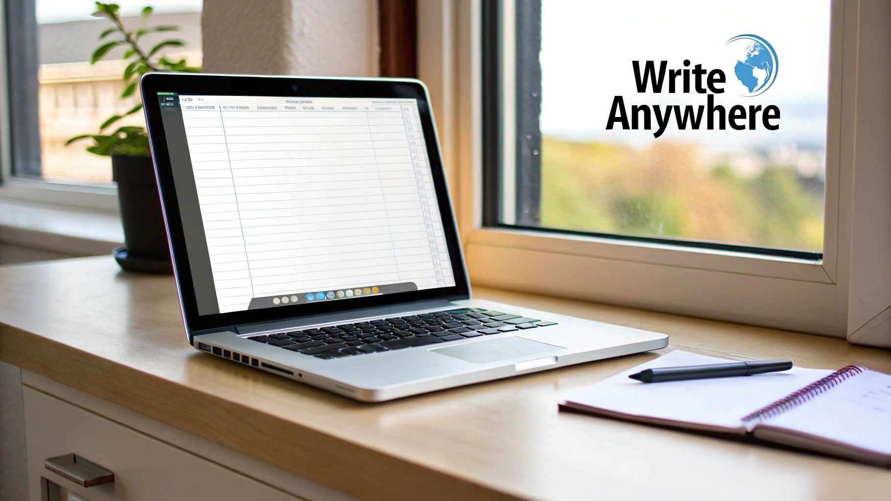 A laptop showing a markdown editor on a wooden desk with a notebook, pen, and 'Write Anywhere' logo.