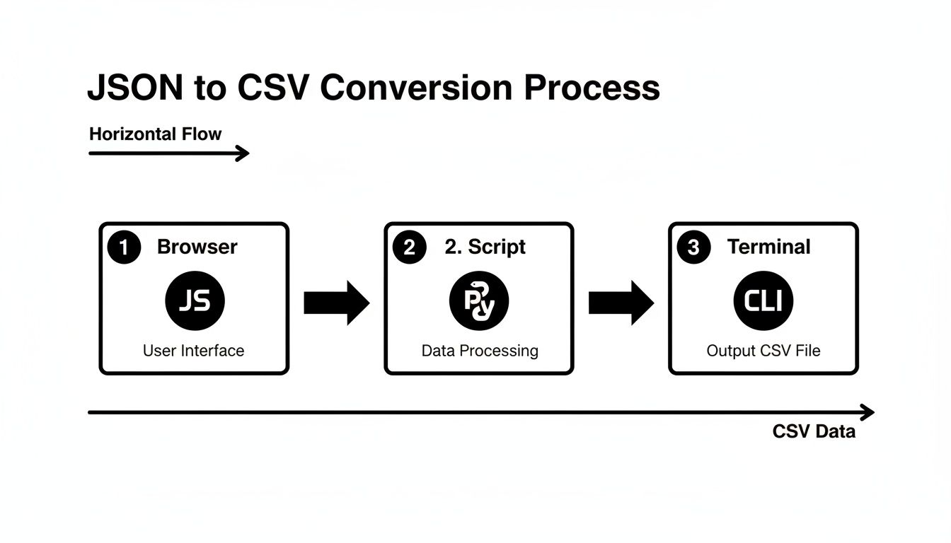 Diagram showing the JSON to CSV conversion process with steps: Browser, Script, and Terminal.
