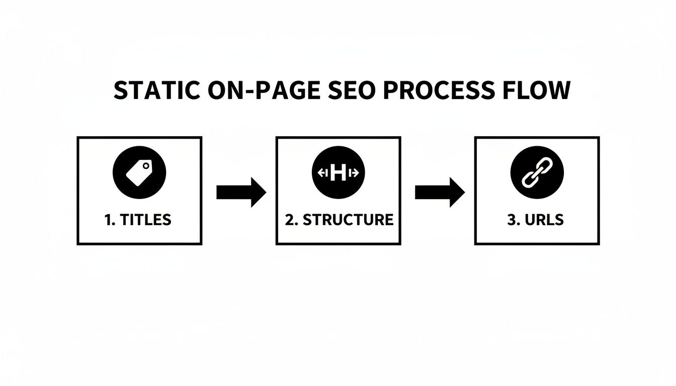 A black and white diagram illustrates the static on-page SEO process flow including titles, structure, and URLs.