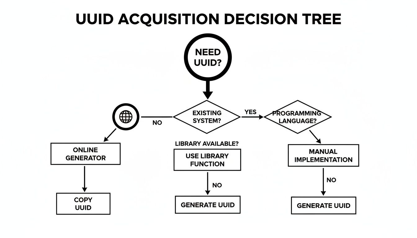 A decision tree flowchart outlining various methods for acquiring a UUID, from online generators to programming libraries.