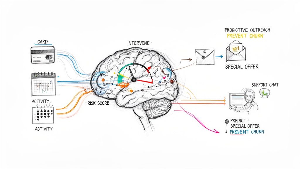 Diagram showing a brain processing customer card and activity data to predict risk and prevent churn.