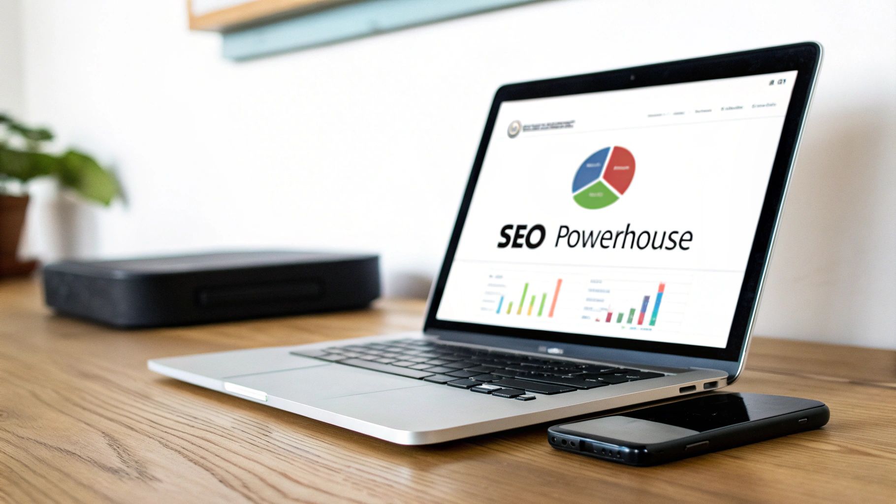 A laptop on a wooden desk displays 'SEO Powerhouse' with charts and graphs, alongside a smartphone.