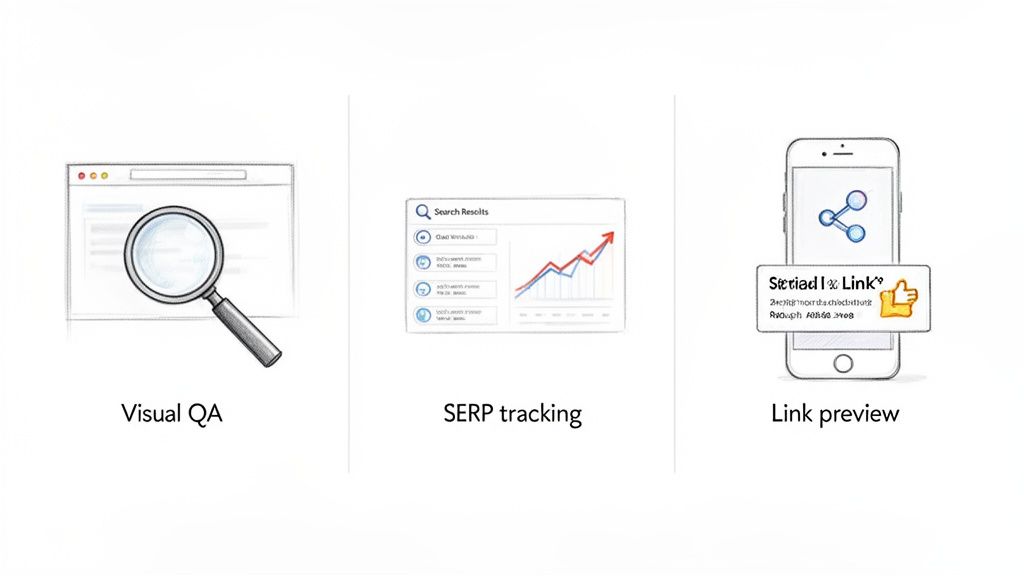 Three illustrations demonstrating digital services: Visual QA, SERP tracking, and Link preview features.
