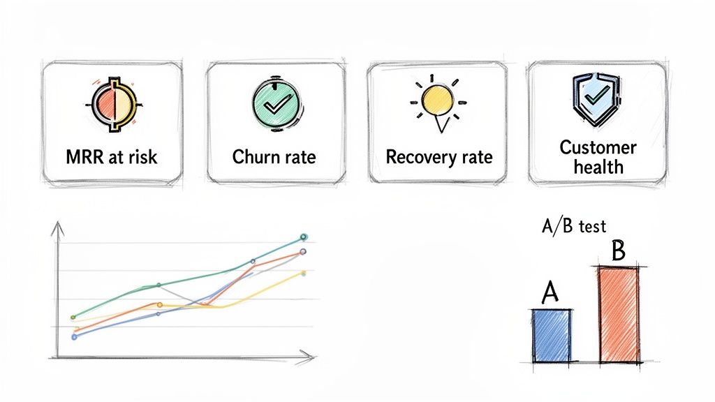 Dashboard showing customer retention metrics: MRR at risk, churn rate, recovery rate, customer health, and charts.