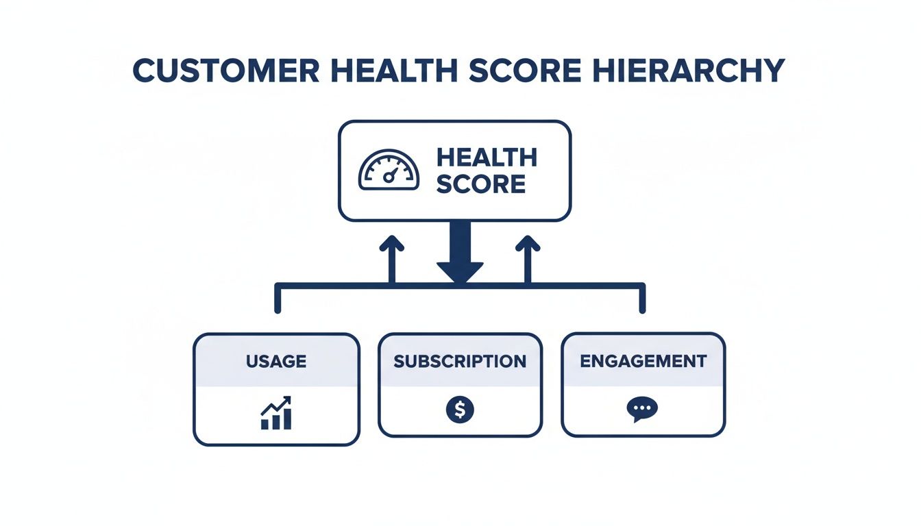 A diagram showing customer health score hierarchy, breaking down into usage, subscription, and engagement.