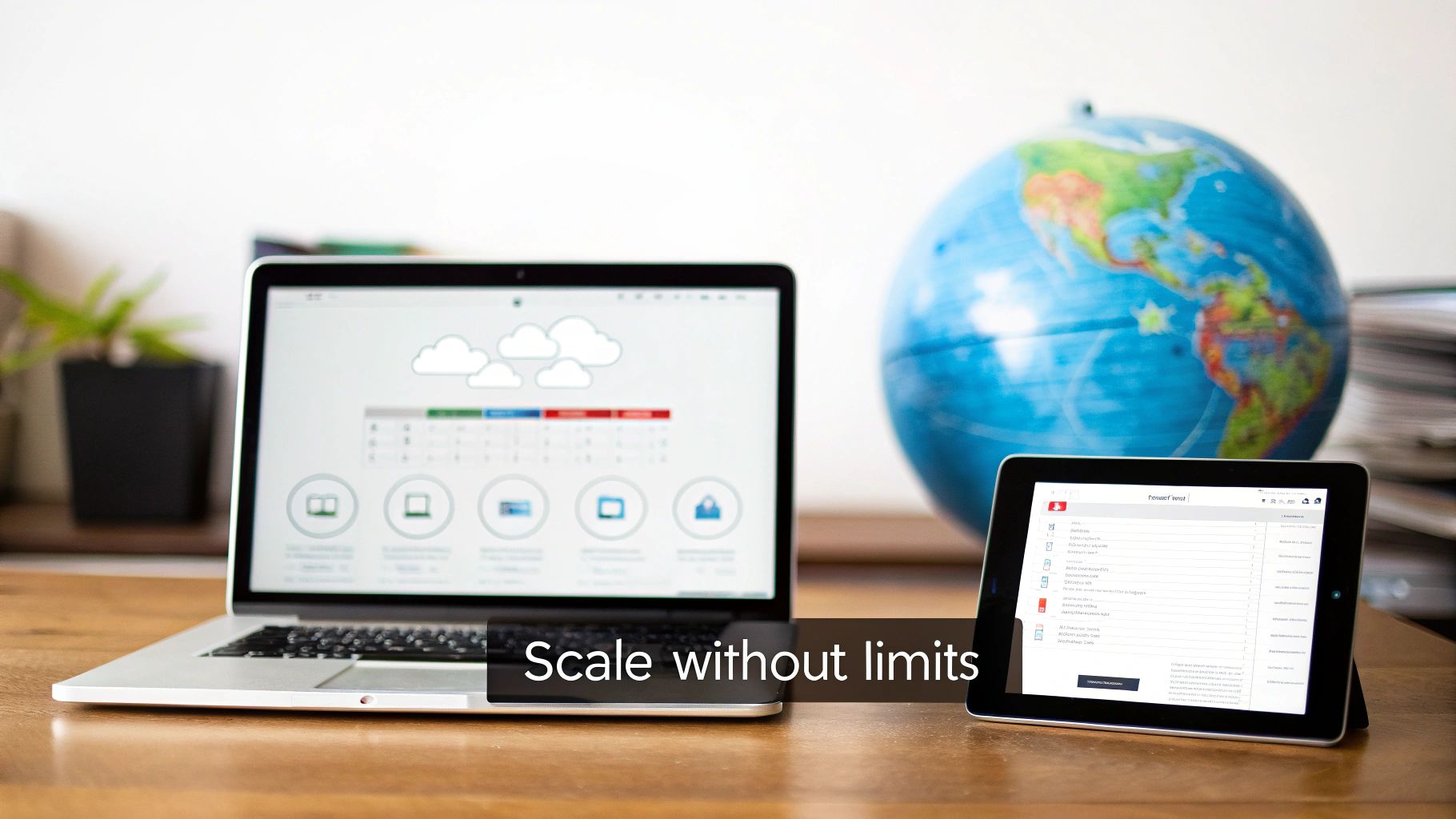 A laptop and a tablet on a wooden desk, displaying cloud-based content management interfaces, with a globe in the background.
