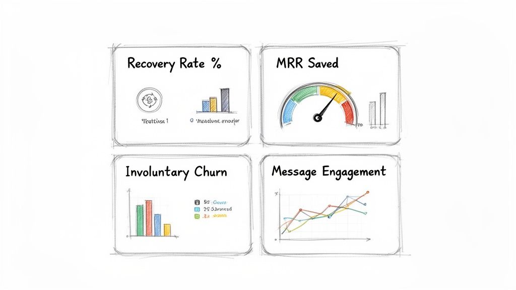 Sketched business dashboard showing metrics for recovery rate, MRR saved, involuntary churn, and message engagement.