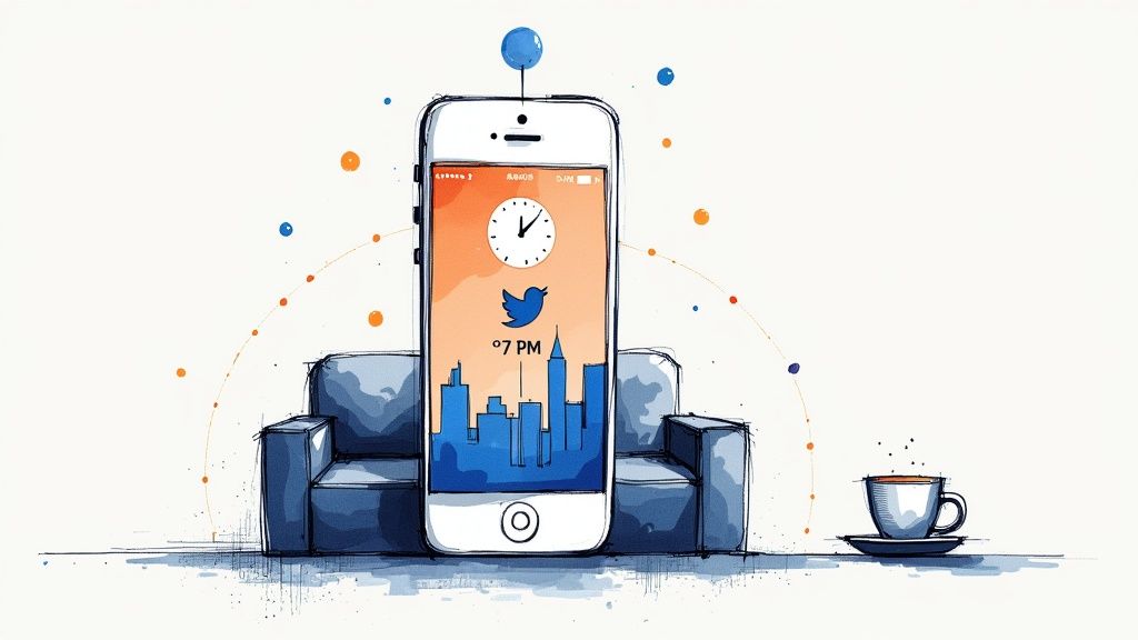 A large smartphone displays Twitter logo and 7 PM, flanked by blue chairs and a coffee cup.