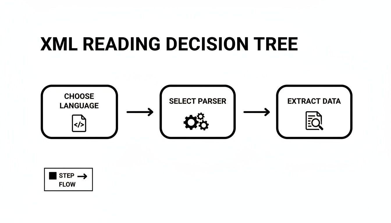 A flowchart titled 'XML Reading Decision Tree' outlines steps to process XML files.