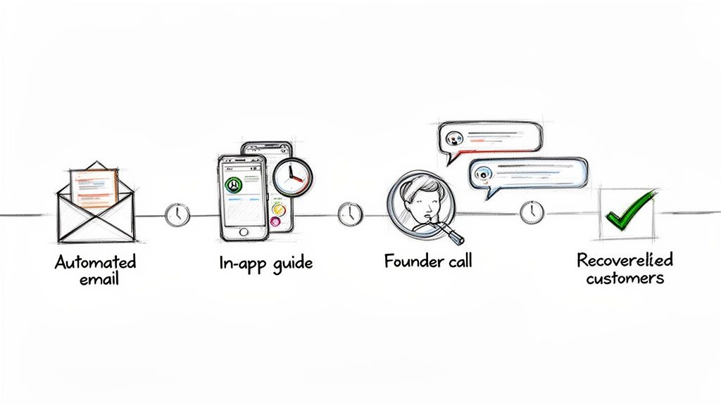 An illustration showing a customer recovery process: automated email, in-app guide, founder call, leading to recovered customers.