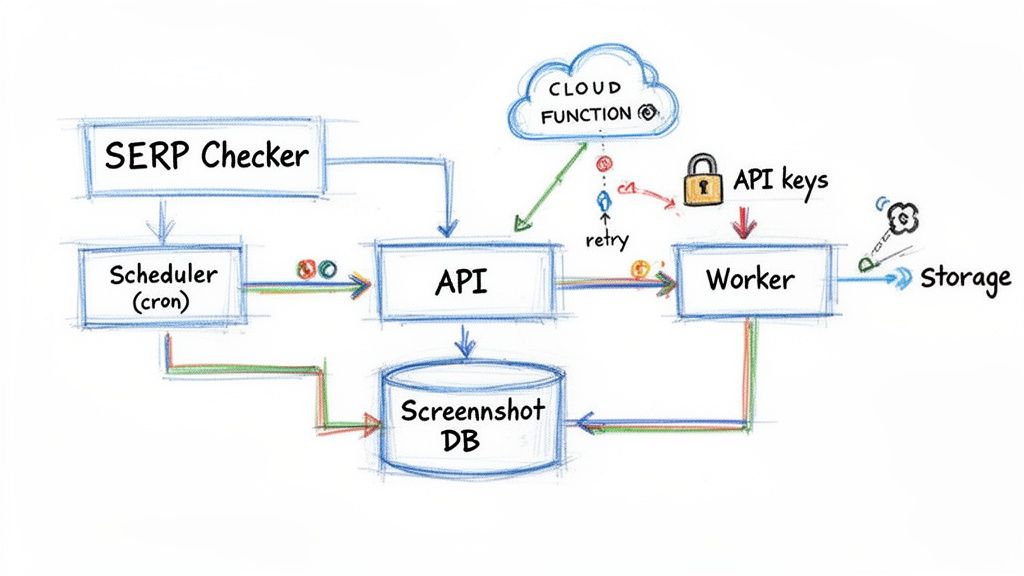 A system architecture diagram for a SERP checker showing the flow from scheduler to API, worker, database, and storage.