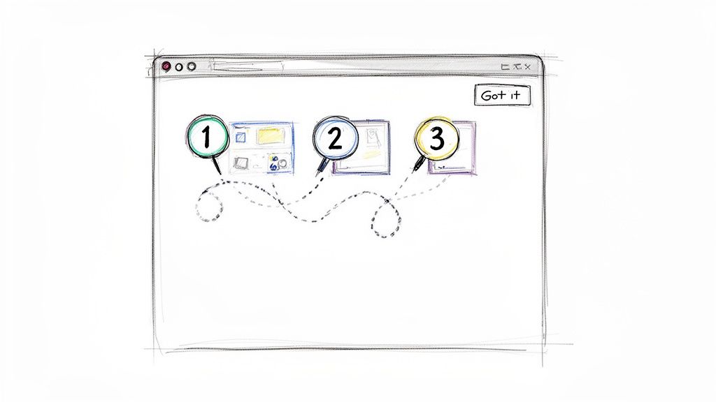 Hand-drawn sketch of a browser window illustrating a three-step customer onboarding process with numbered magnifying glasses.