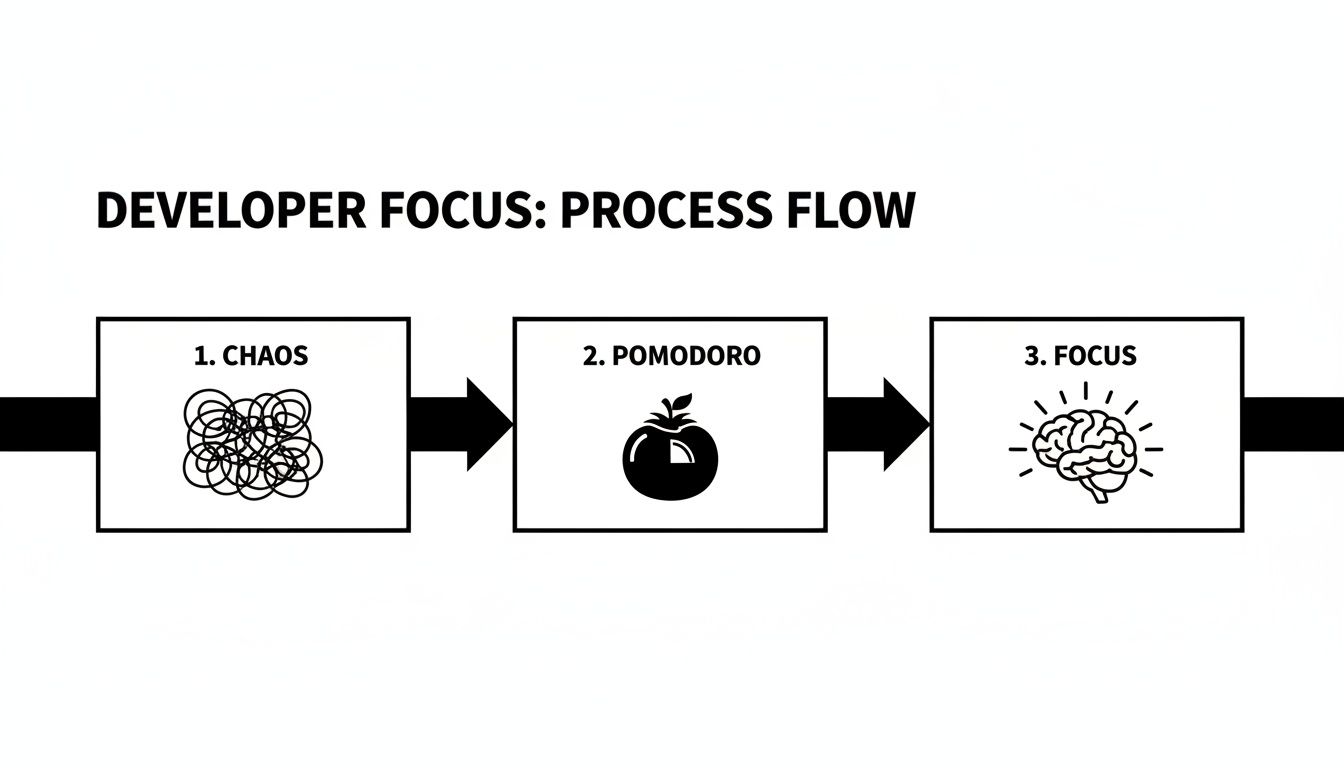 Process flow diagram showing how developers move from chaos to focus using the Pomodoro technique.