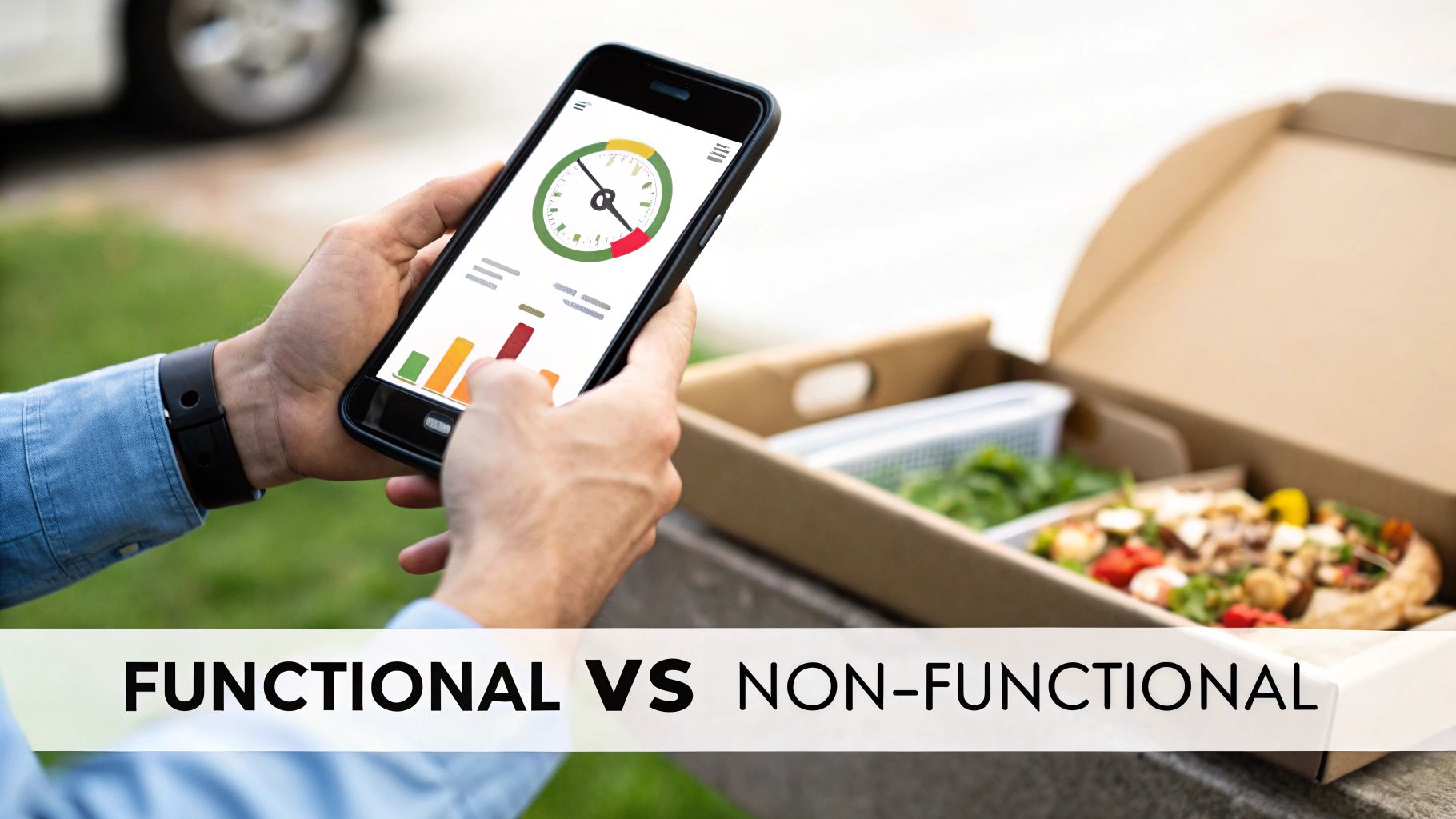 A person holds a smartphone displaying app performance metrics, illustrating functional and non-functional testing concepts.