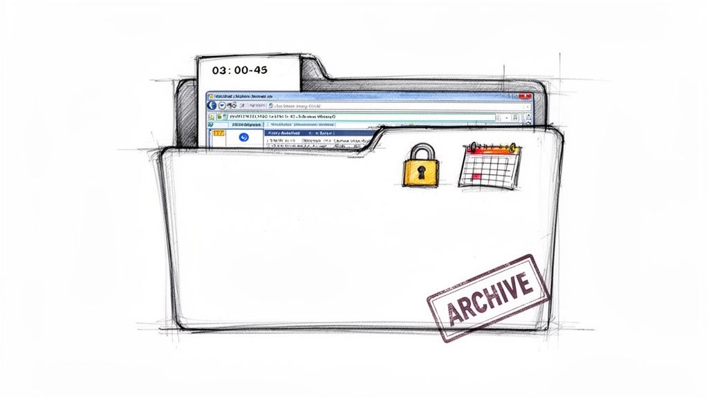 A sketched file folder with a digital window, padlock, calendar, and 'ARCHIVE' stamp.