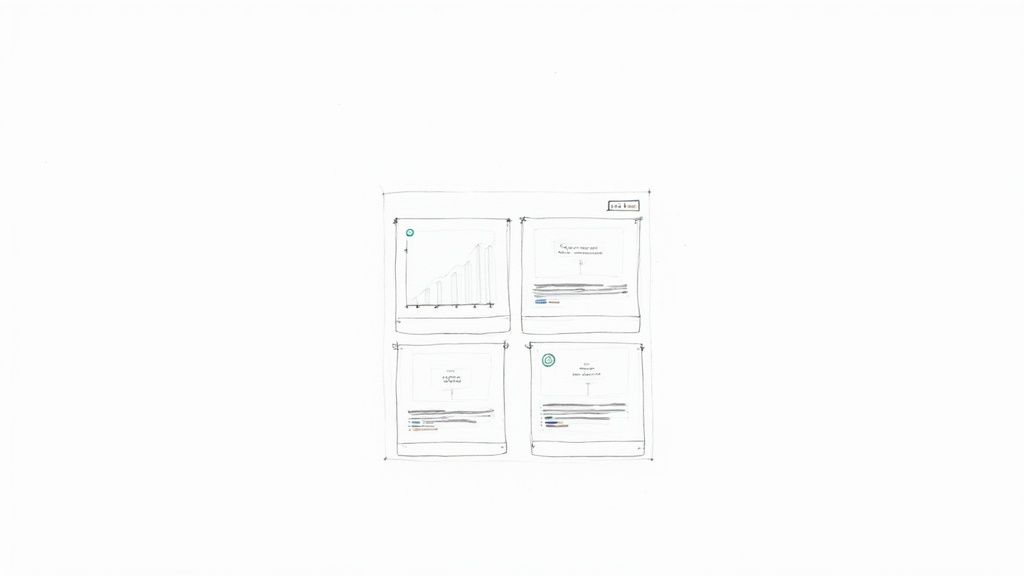 Hand-drawn wireframe sketch of a dashboard layout featuring charts and text components.