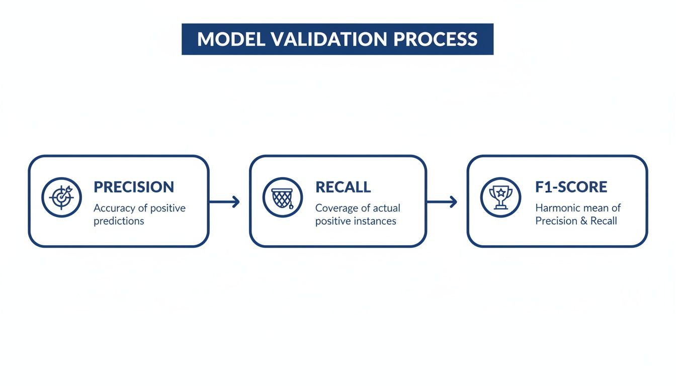 Flowchart illustrating the model validation process, explaining precision, recall, and F1-score metrics.