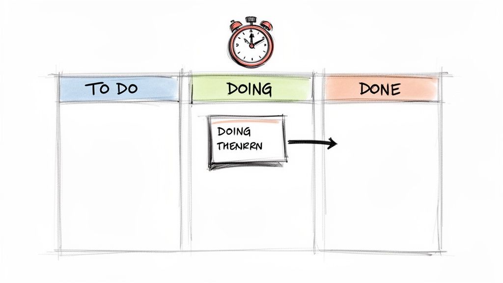 Hand-drawn Kanban board with TO DO, DOING, DONE columns, a task card, and an alarm clock timer.
