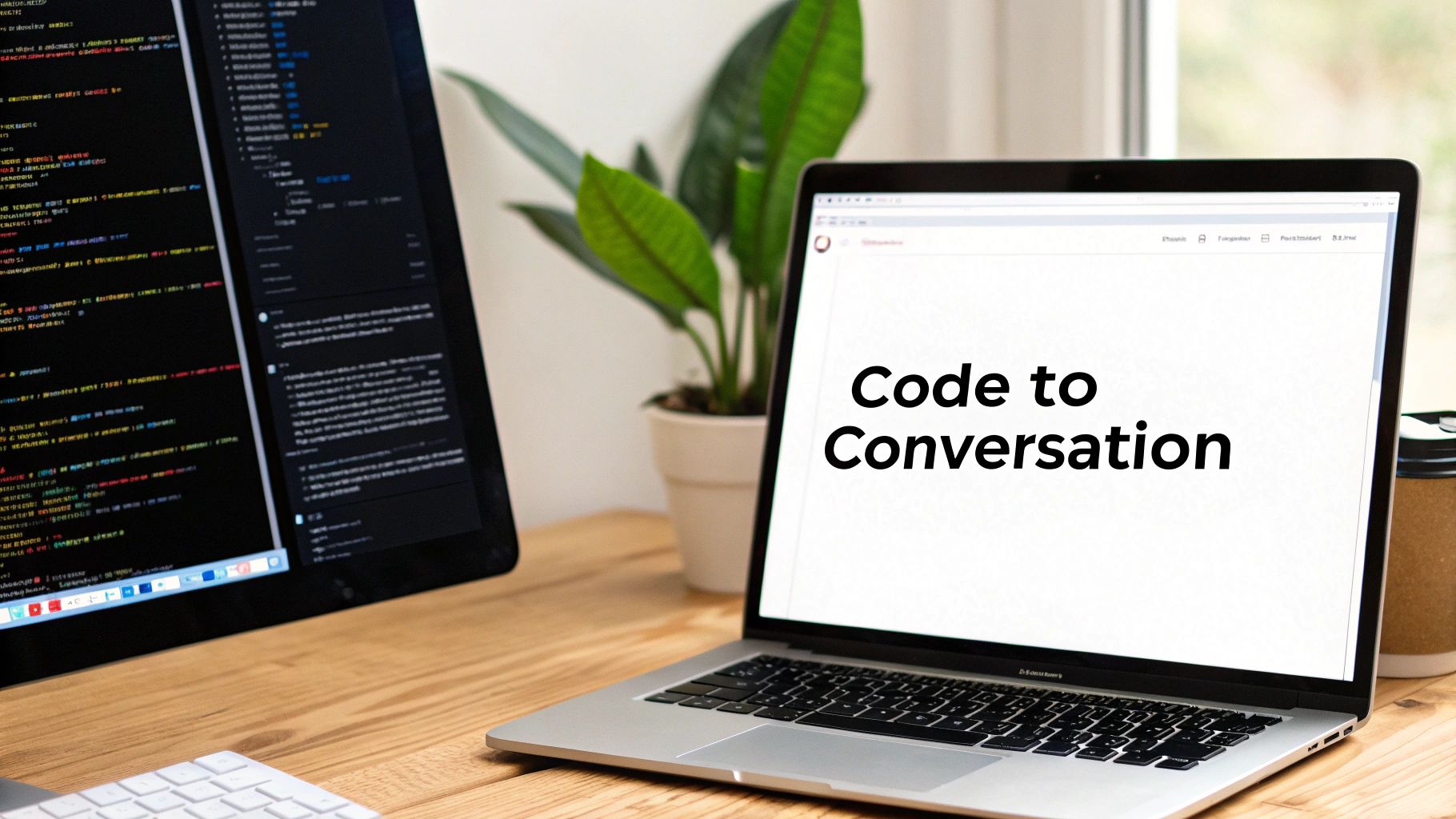 Laptop displaying 'Code to Conversation' next to a monitor showing lines of code.