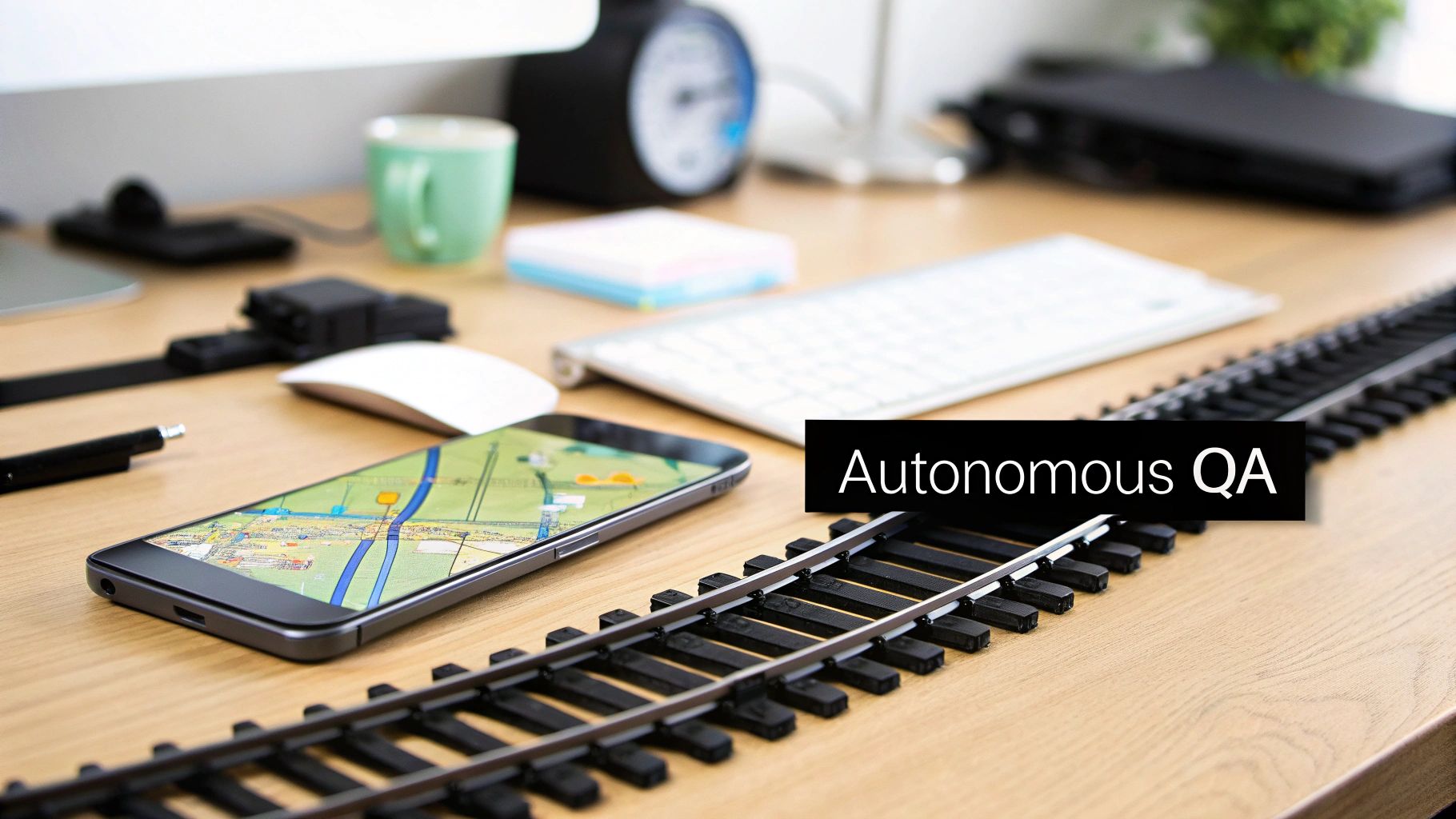 A modern desk setup with a smartphone displaying a map, keyboard, mouse, and model train tracks, featuring 'Autonomous QA' text.