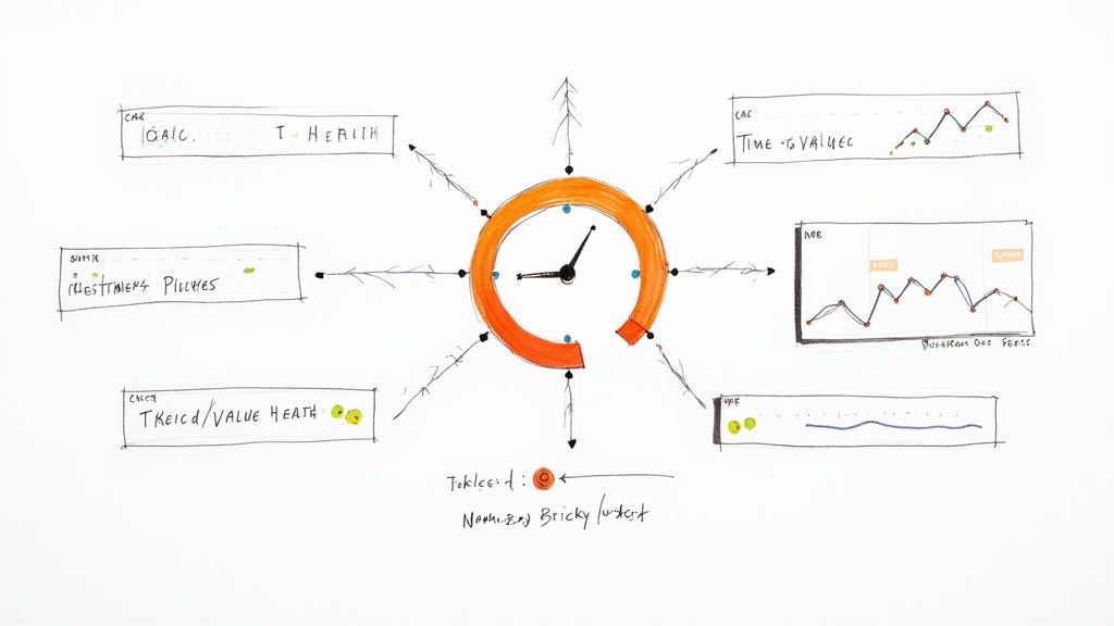 Hand-drawn diagram illustrating a central clock with various business metrics and charts.