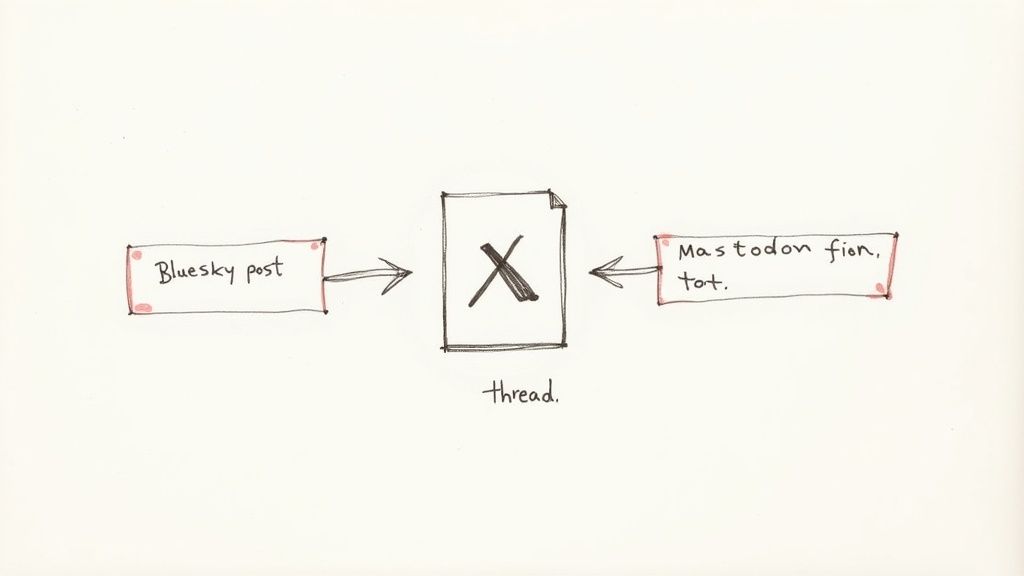 Diagram illustrating a thread combining a Bluesky post and a Mastodon post, showing social media cross-posting.