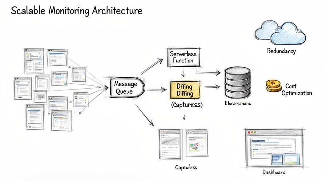 A scalable monitoring architecture diagram showing web page inputs, message queue, serverless function, diffing, and dashboard.