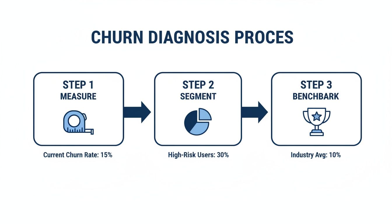 A three-step churn diagnosis process diagram illustrating measurement, segmentation, and benchmarking.