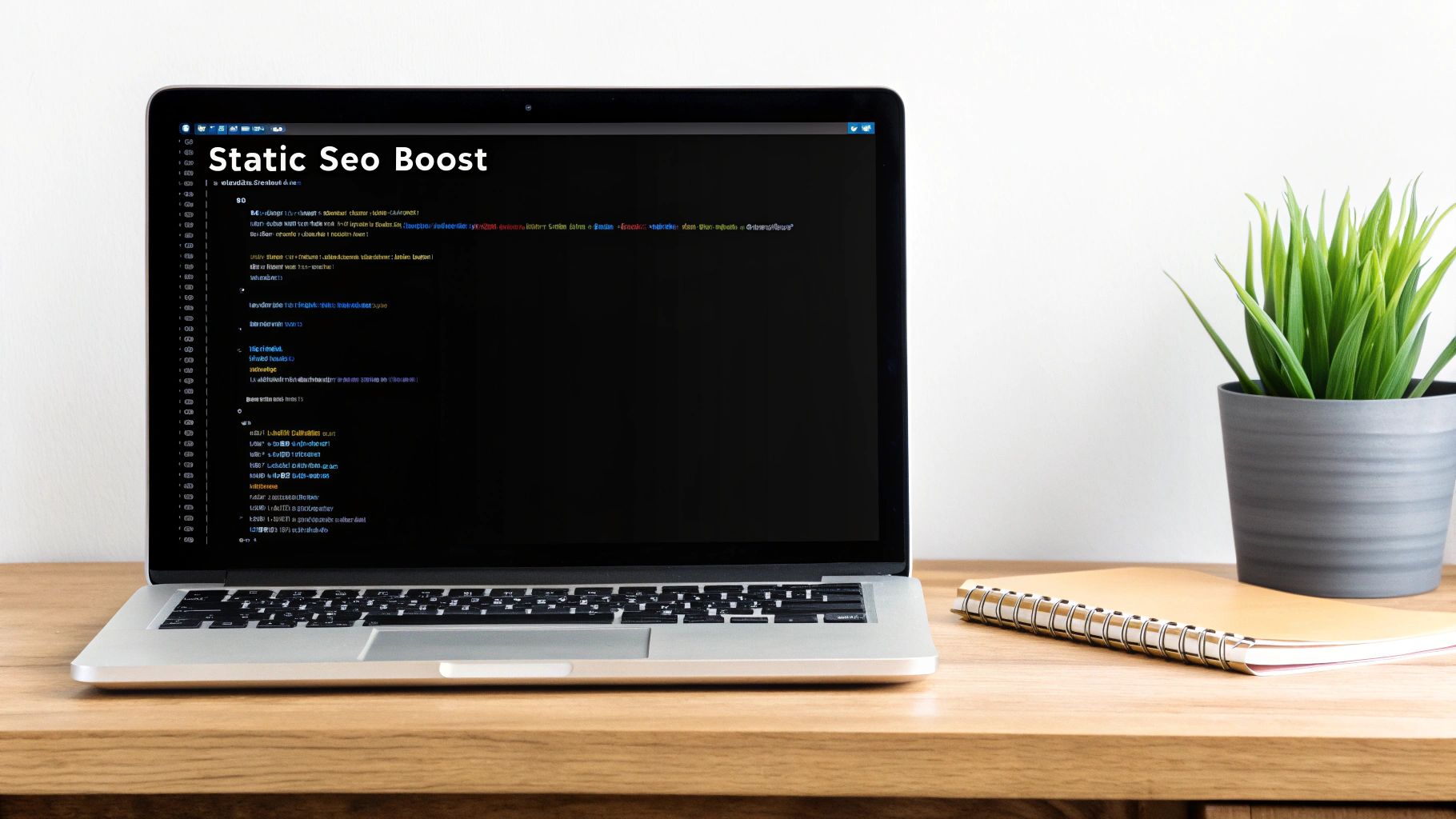 A laptop on a wooden desk displays code with 'Static SEO Boost' text, beside a plant and notebook.