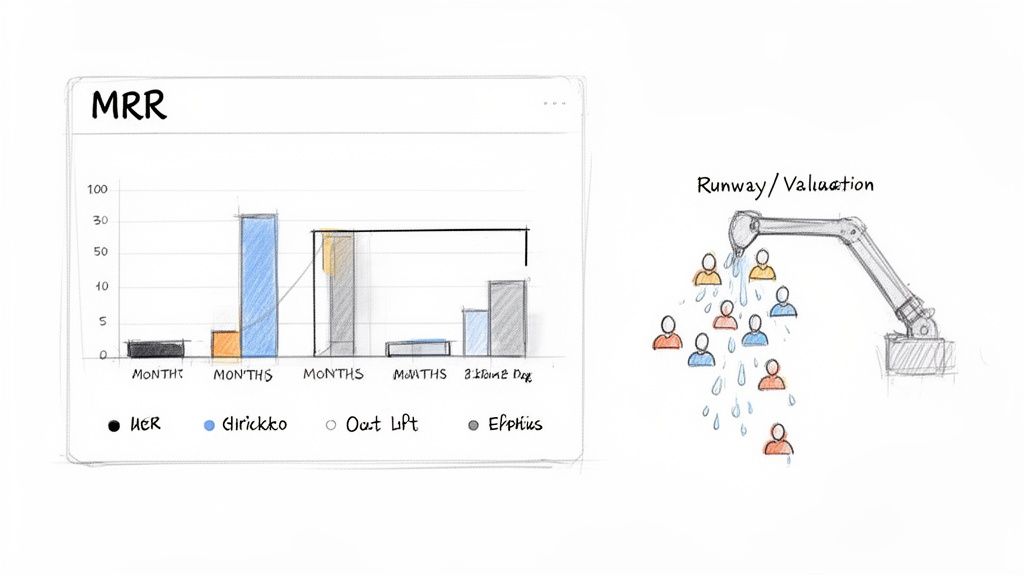 A sketch displaying an MRR bar chart for different companies and a 'Runway/Valuation' illustration.