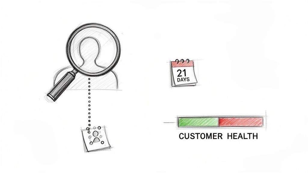A sketch showing customer analysis, a calendar with 