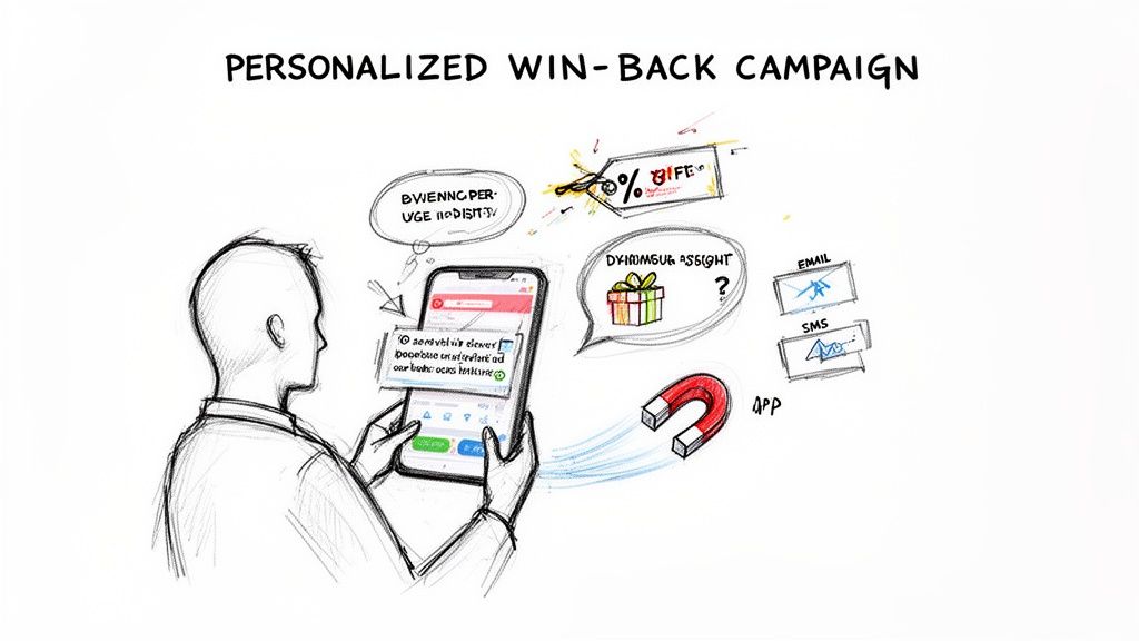 A personalized win-back campaign with a person holding a phone, showing offers, gifts, and communication channels.