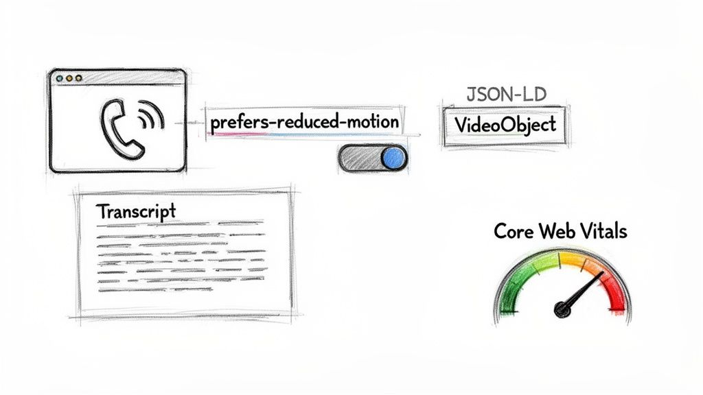 A diagram illustrating website elements: video content, reduced motion preference, JSON-LD, transcript, and Core Web Vitals.
