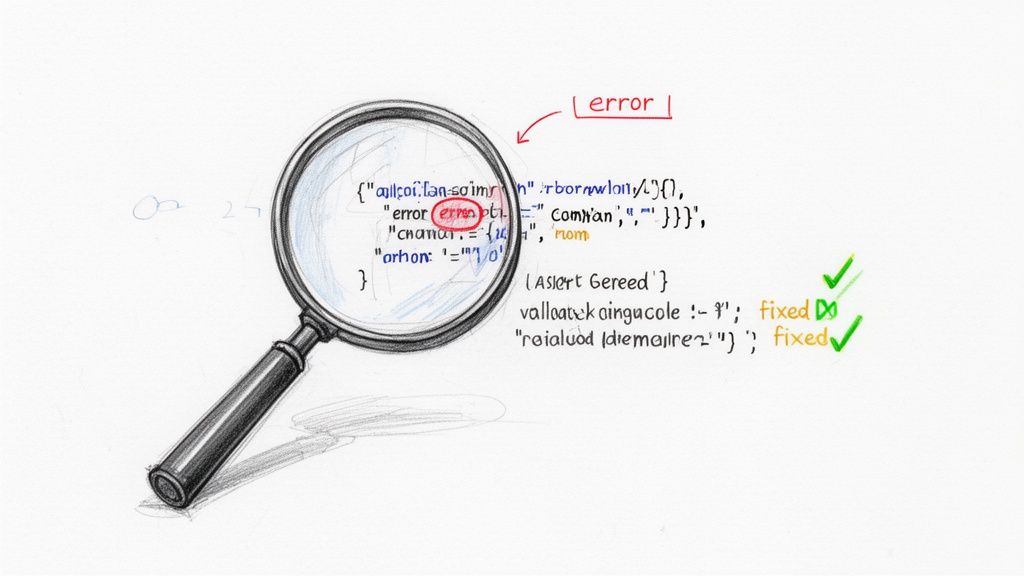 A magnifying glass highlights an error within a JSON-like code snippet, showing lines marked as 'fixed'.