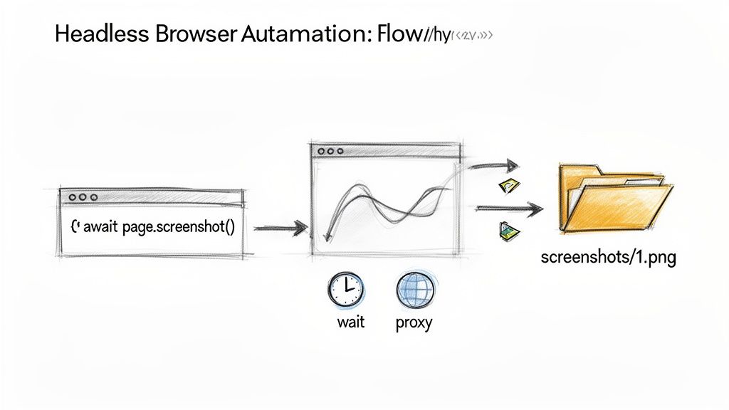 Flowchart illustrating headless browser automation, capturing webpage screenshots and saving them to a folder.