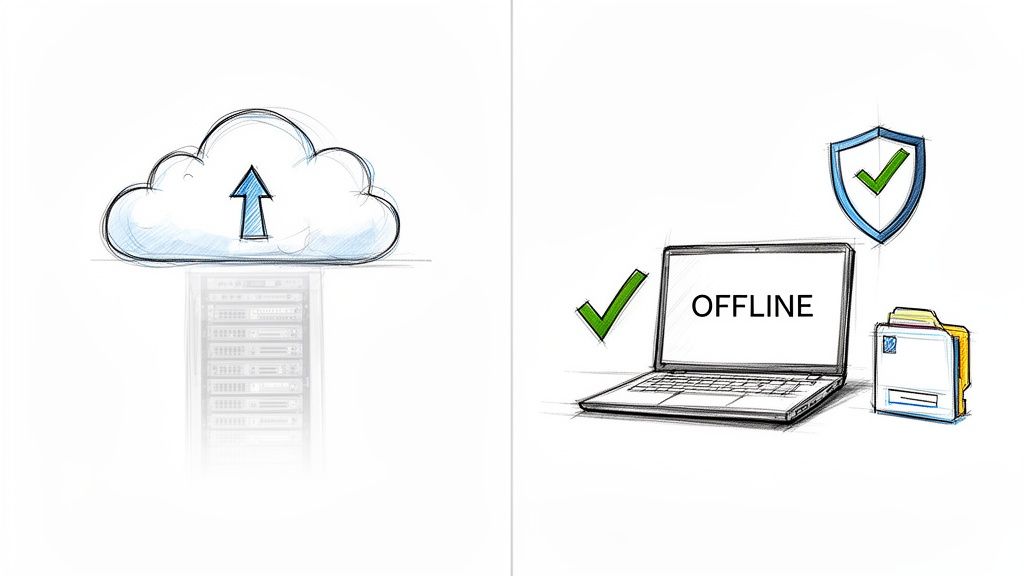 A sketch illustrating data management concepts: cloud upload to servers on the left, and secure offline laptop access with documents on the right.