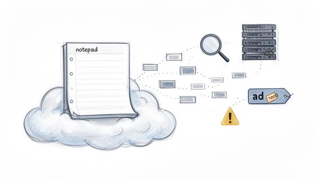 Digital notepad on a cloud, with data flowing to a magnifying glass, servers, and an ad tracking tag.