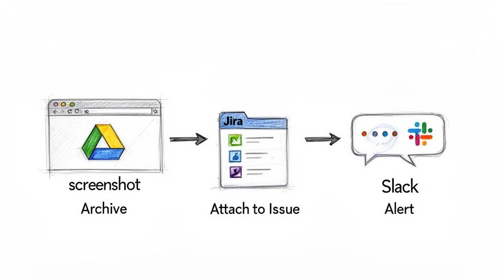Workflow showing a screenshot archived in Google Drive, attached to a Jira issue, and sending a Slack alert.