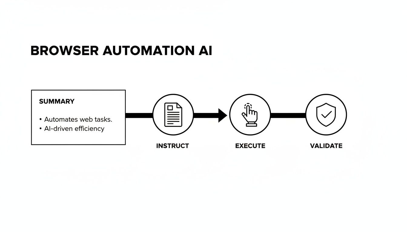 A diagram illustrates the browser automation AI process, including summary, instruction, execution, and validation.